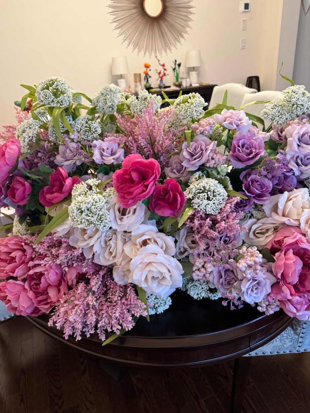 Artificial Mixed Rose and Peony Floral Arrangement in Pink, Purple, and Cream